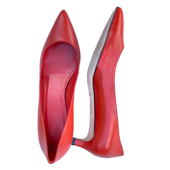 GUCCI Orange Red Oxidation Leather Gloria Kitten Heel Pumps Size 38.5 US 8.5 - Picture 11 of 15